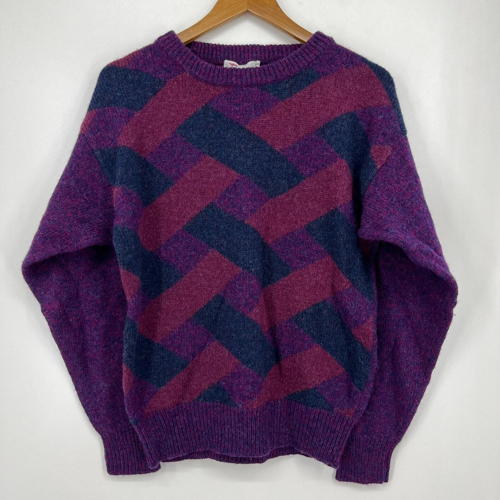 Parker of Vienna Womens Purple Geometric Shetland Wool Crewneck Sweater Size M